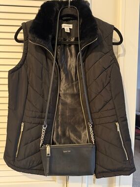 BUNDLE Calvin Klein Black Vest with Faux Fur Collar & Calvin Klein Black Bag